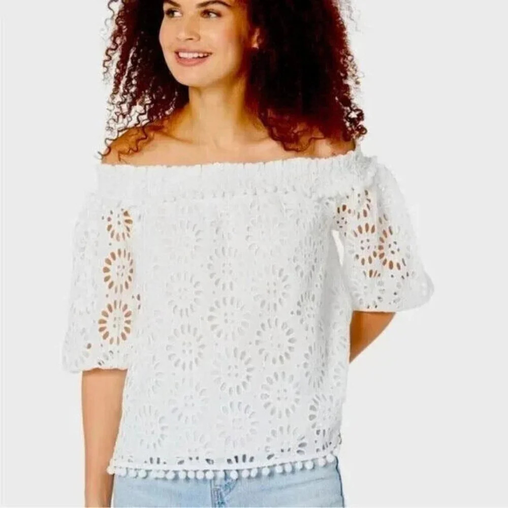 Lilly Pulitzer Raylee Eyelet Off The Shoulder Top Size XXS White Pom Poms Preppy